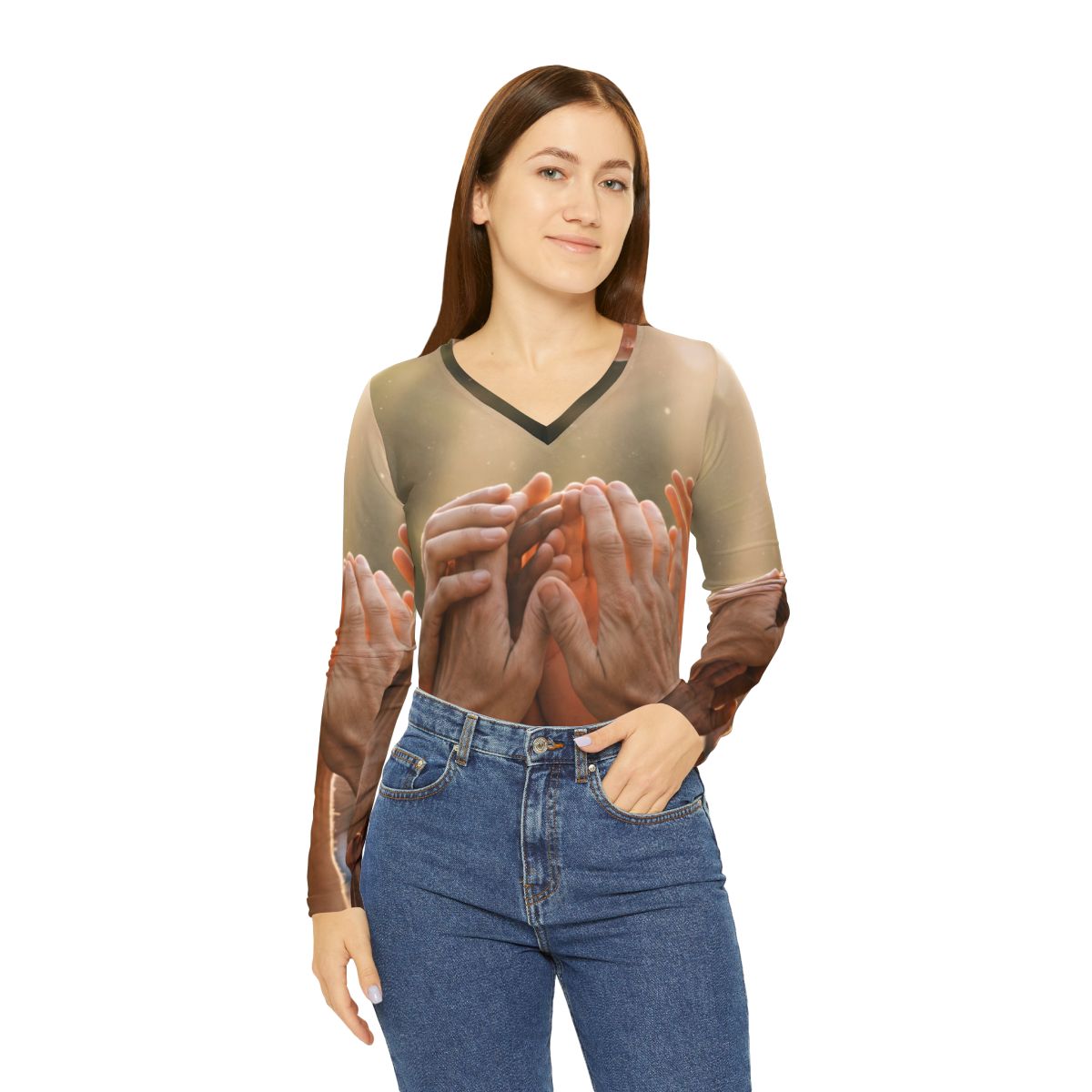 Women's Long Sleeve V-neck Shirt - Golden Rays of Unity Wall...
