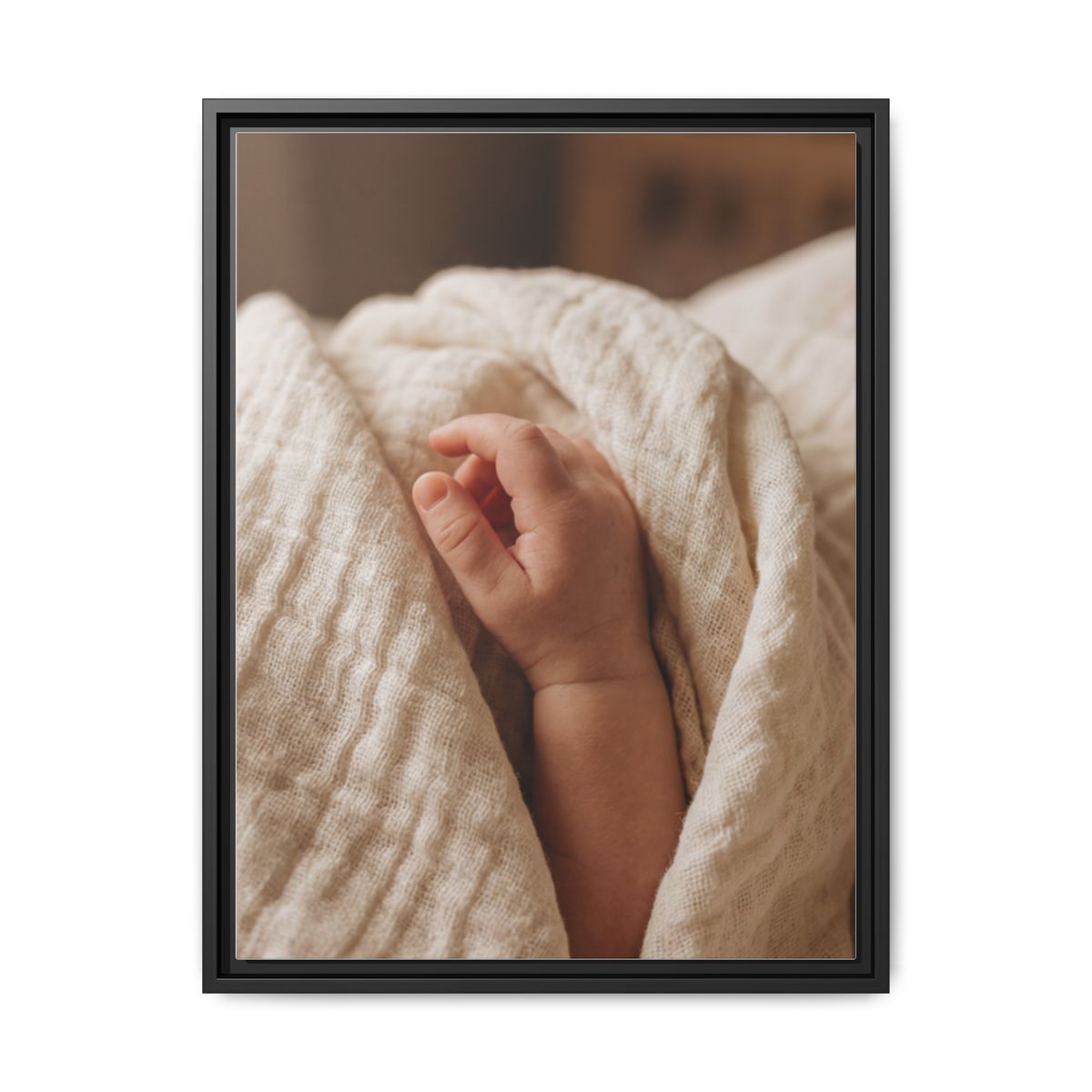 Framed Matte Canvas - Tender Newborn Hand (8×10, 9×12, 11×14, 12×16, 10×20, 12×18, 16×20, 16×24, 18×24, 12×36, 20×24, 16×32, 20×30, 24×30, 24×32, 16×48, 24×36, 24×48, 30×40, 20×60, 32×48, 30×60 & 40×60)