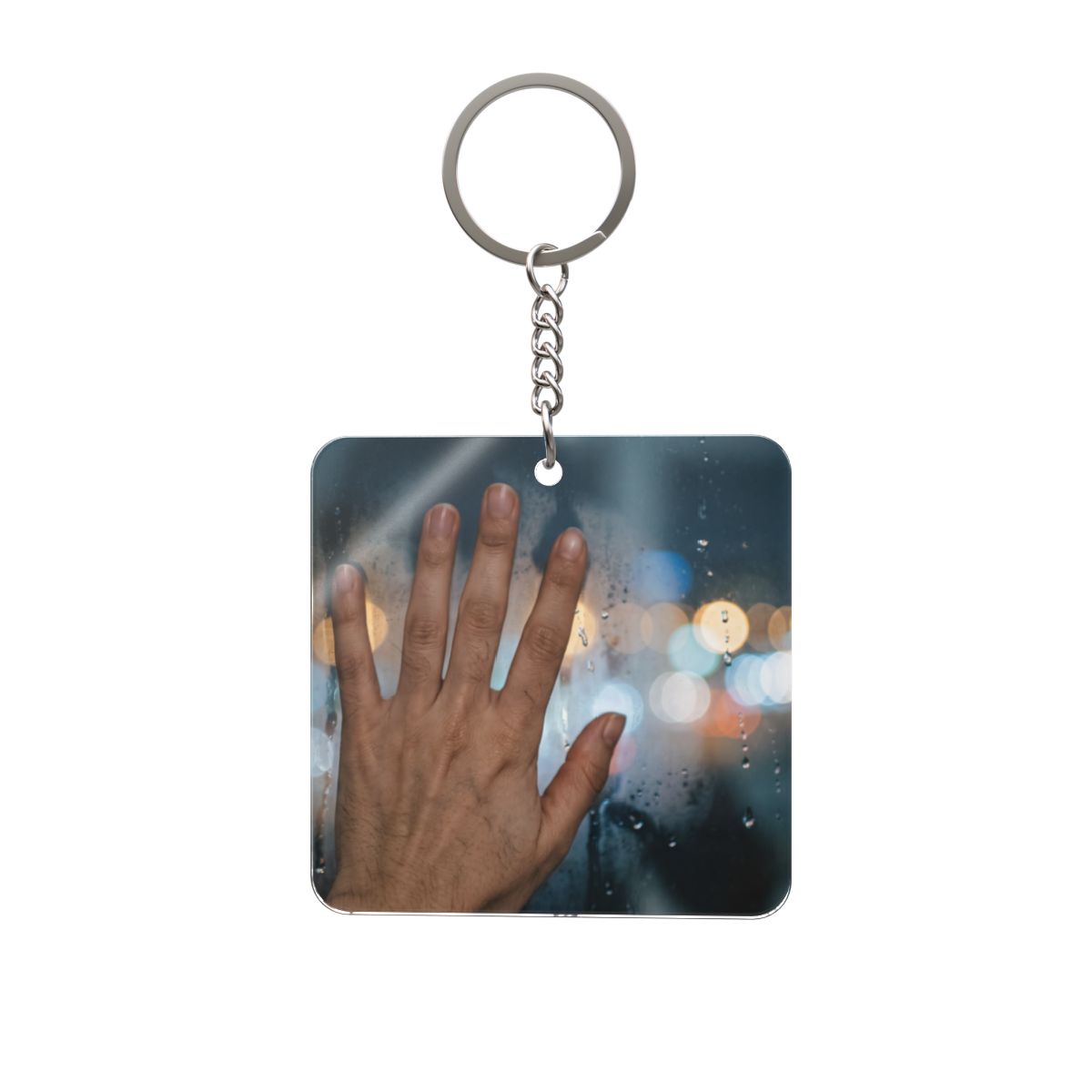Square Keychain with Rainy City Window Art
