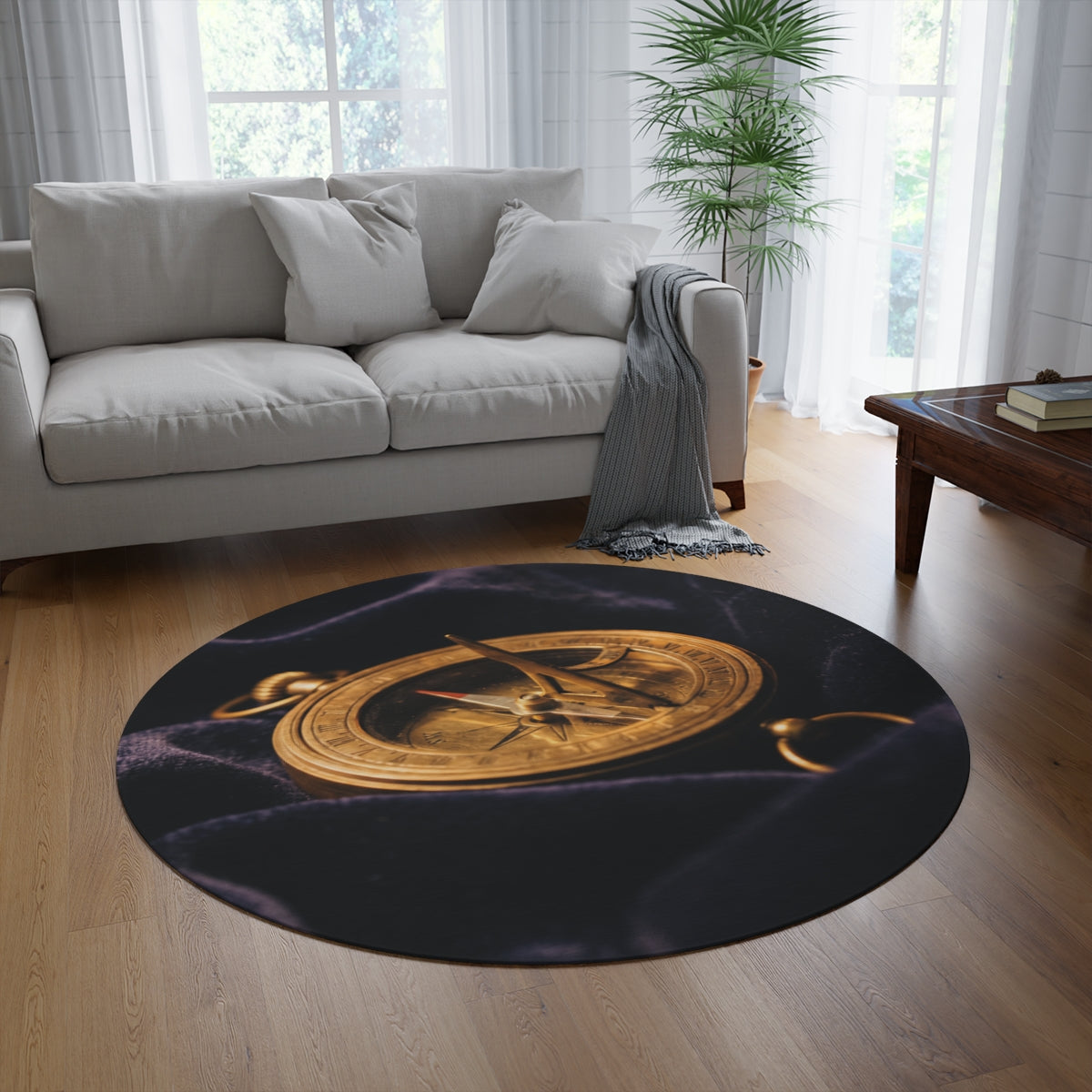 Vintage Brass Sundial Compass Round Rug