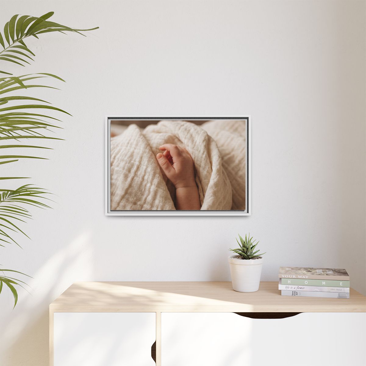 Matte Canvas, Framed - Tender Newborn Hand in Soft Muslin......