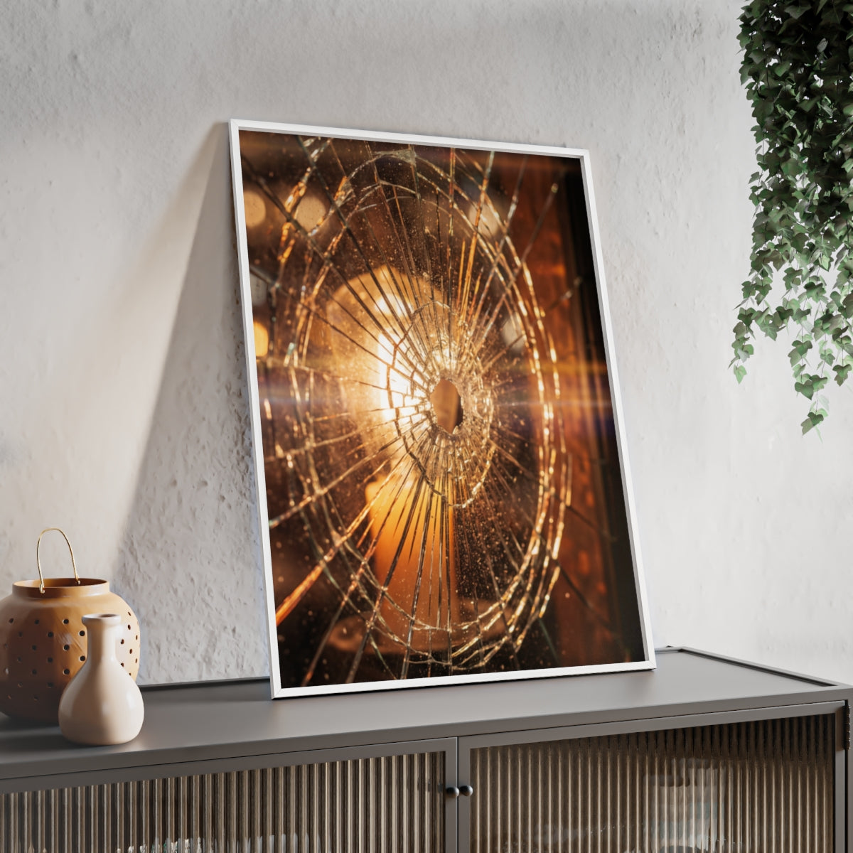 Posters with Wooden Frame - Golden Fractures Shattered Glass...