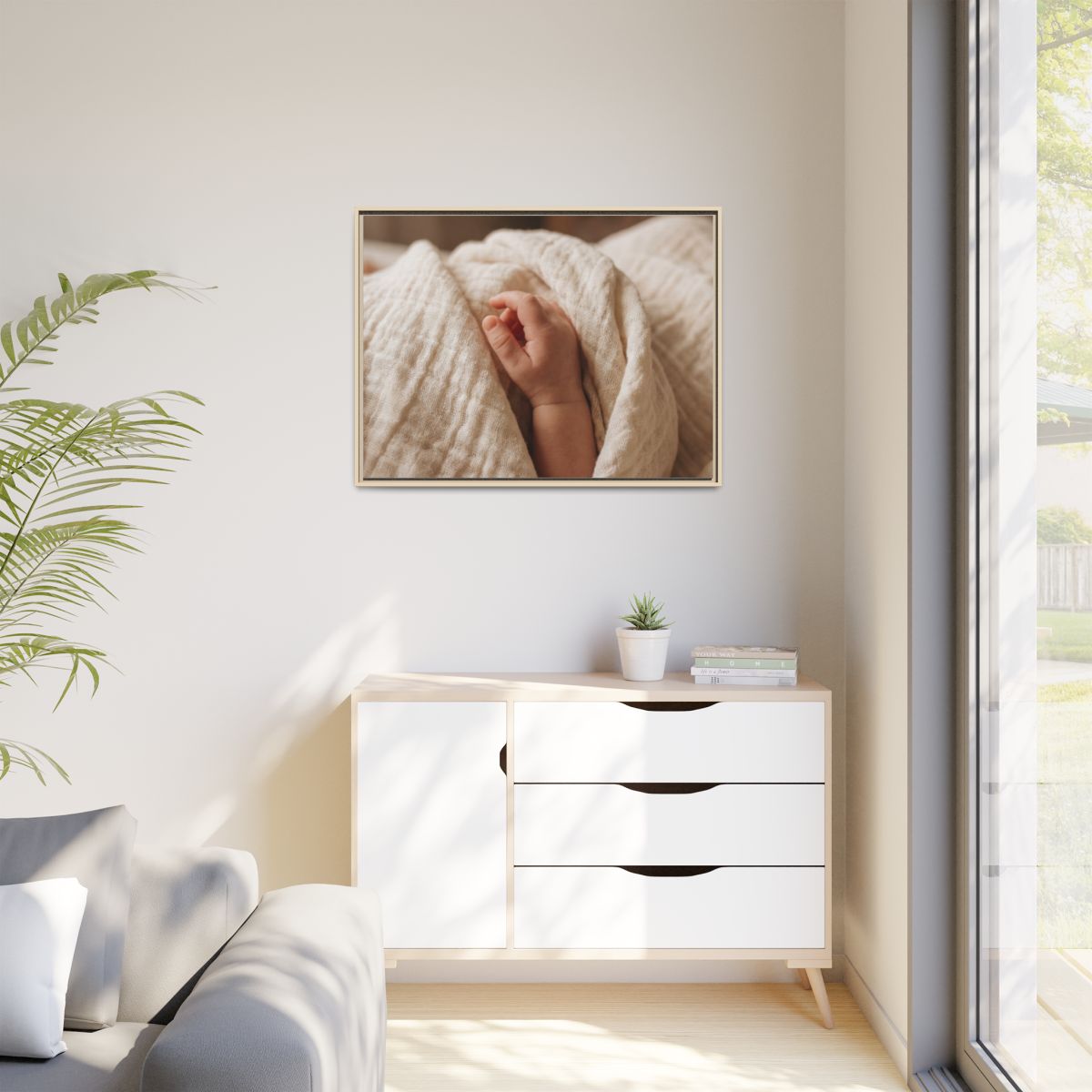 Matte Canvas, Framed - Tender Newborn Hand in Soft Muslin......