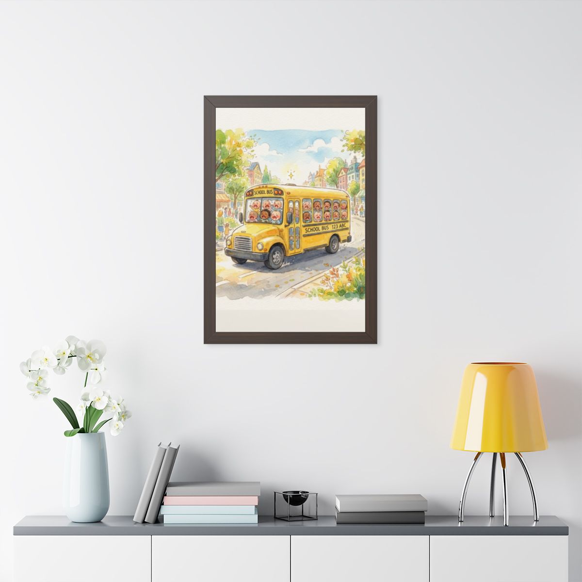 Framed Vertical Poster - Storybook School Bus Watercolor Art...