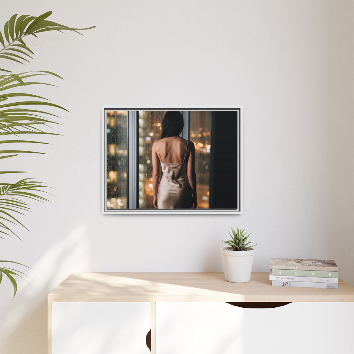 Matte Canvas, Framed - Rainy City lights Glow — White /... |...