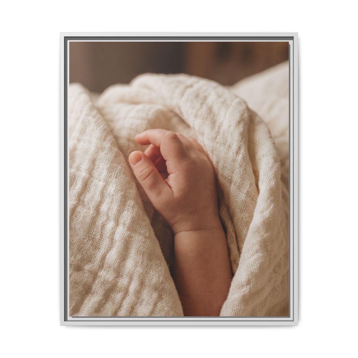 Framed Matte Canvas - Tender Newborn Hand (8×10, 9×12, 11×14, 12×16, 10×20, 12×18, 16×20, 16×24, 18×24, 12×36, 20×24, 16×32, 20×30, 24×30, 24×32, 16×48, 24×36, 24×48, 30×40, 20×60, 32×48, 30×60 & 40×60)