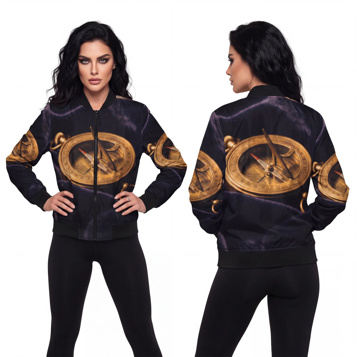 Women's Bomber Jacket Vintage Brass Sundial Art