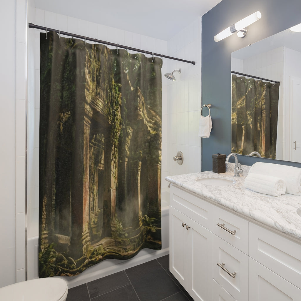 Shower Curtain - Temple Ruins Waterfall | Echovira Gallery