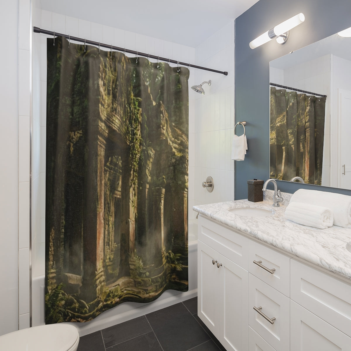 Shower Curtain - Temple Ruins Waterfall | Echovira Gallery