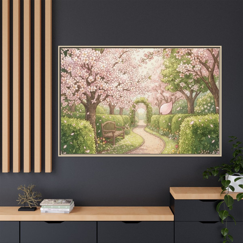 Matte Canvas Framed - Spring Blossom Pathway — Natural /......