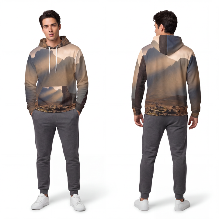 Men's Fashion Hoodie - Ancient Stone Column Mountain Sunset Art