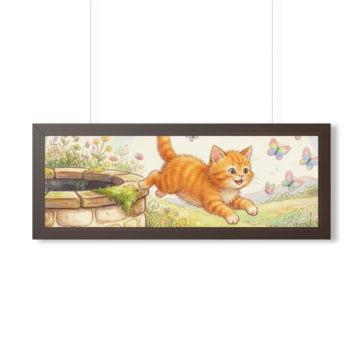 Framed Horizontal Poster - Joyful Kitten Meadow — Walnut......