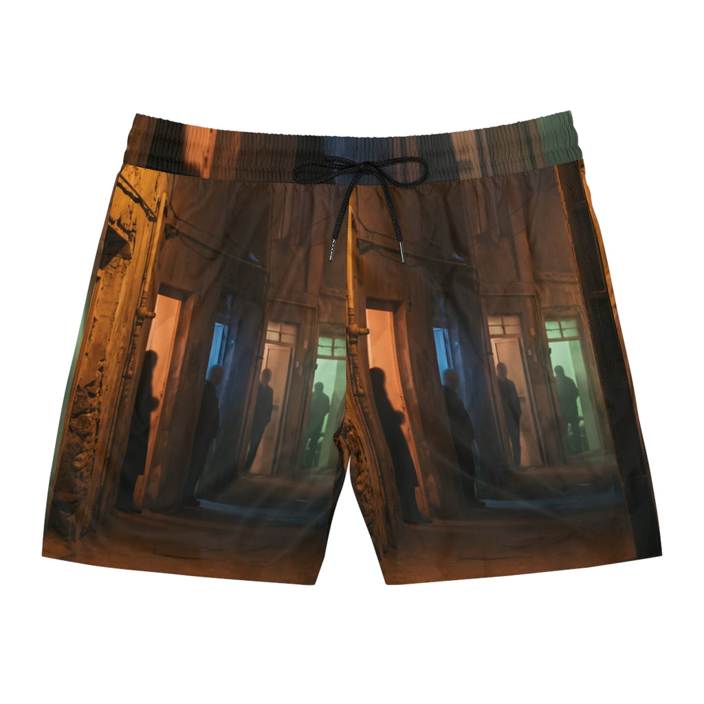 Men's Mid-Length Swim Shorts - Shadowed Alleyway Mystery Art...