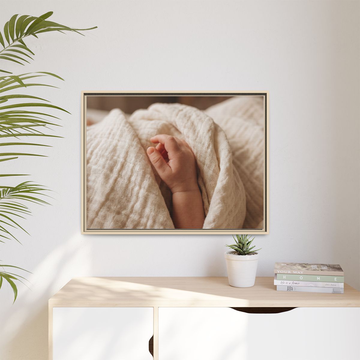 Matte Canvas, Framed - Tender Newborn Hand in Soft Muslin......