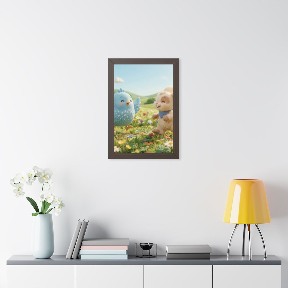 Framed Vertical Poster - Meadow Friends View — Walnut... |...