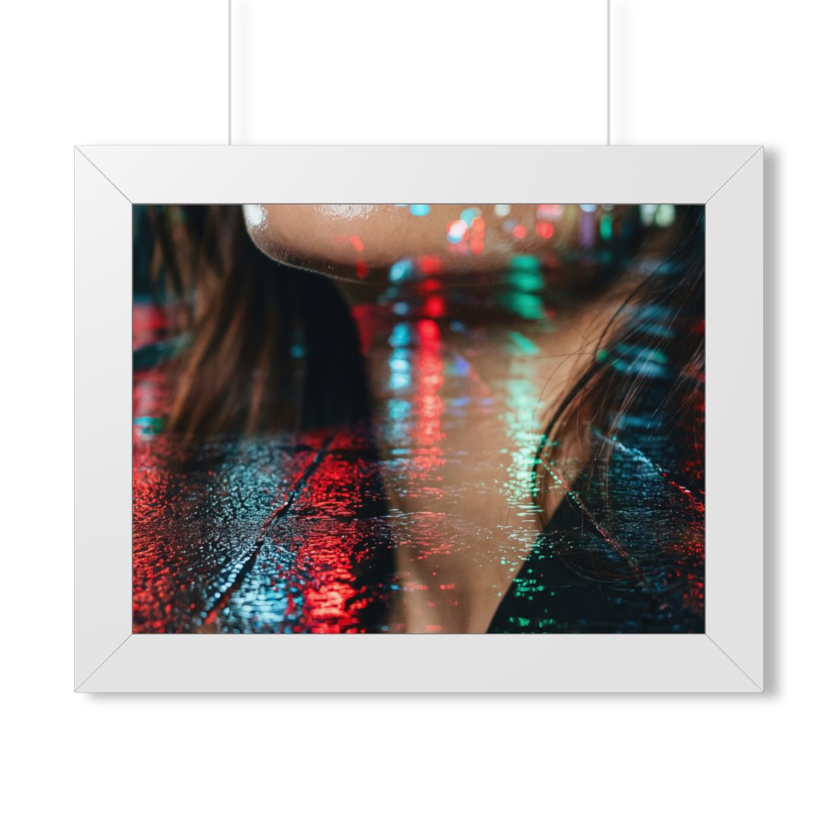 Framed Horizontal Poster - Neon Dreams Rain Portrait — White...