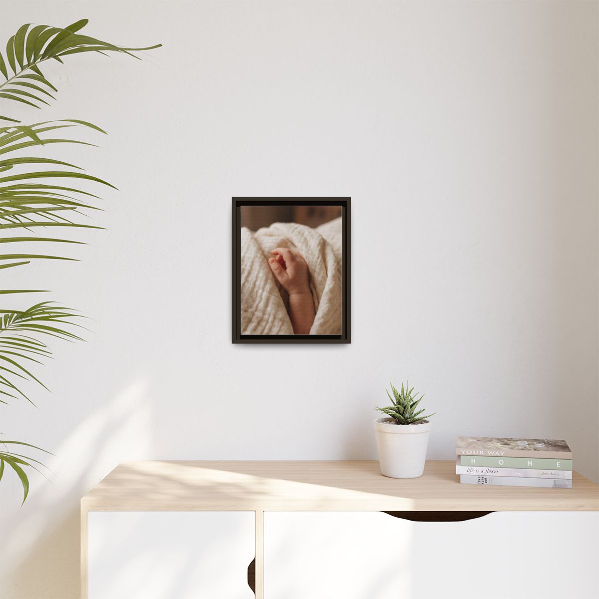 Matte Canvas, Framed - Tender Newborn Hand in Soft Muslin......