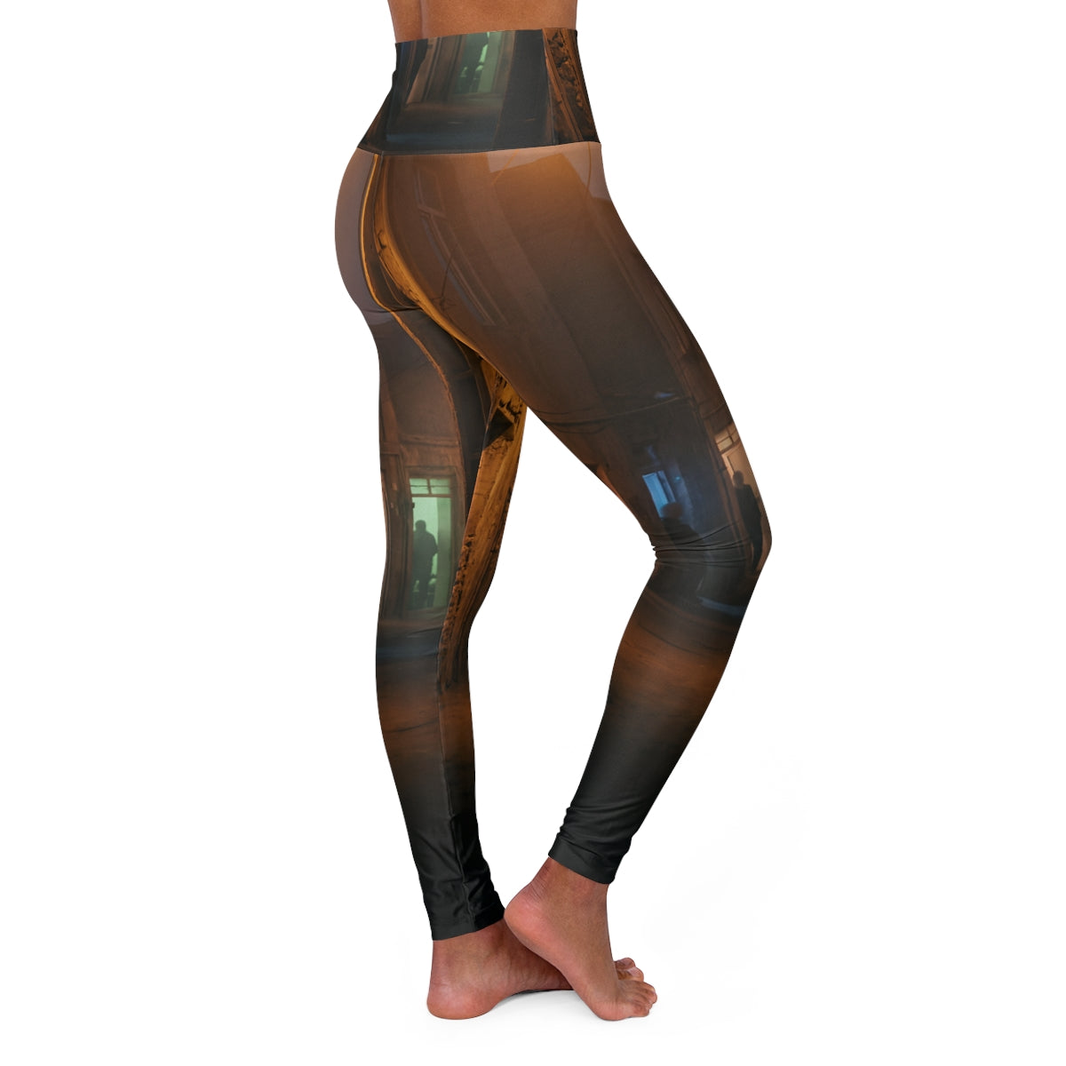 High Waisted Yoga Leggings - Shadowed Alleyway Mystery Art...