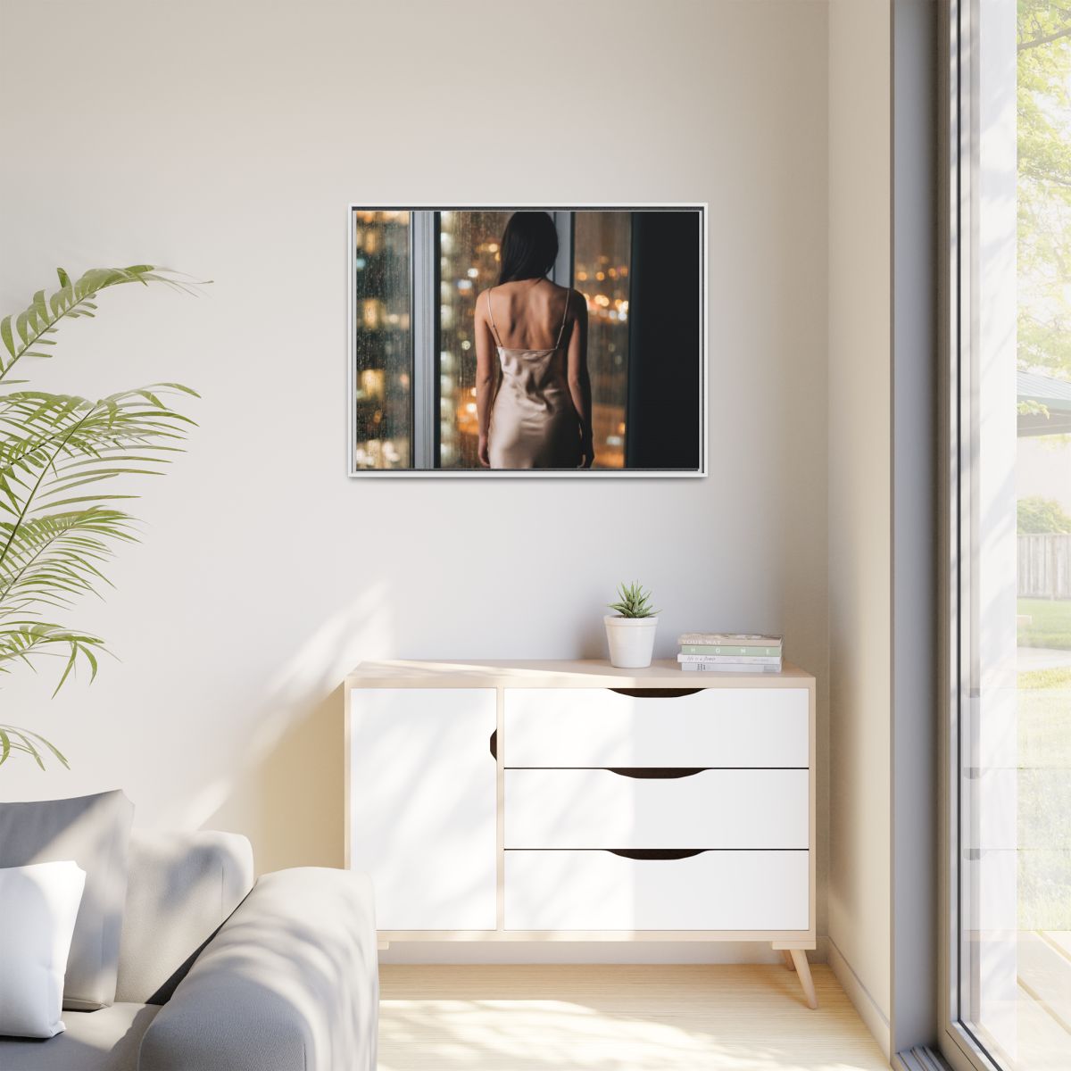 Matte Canvas, Framed - Rainy City lights Glow — White /... |...