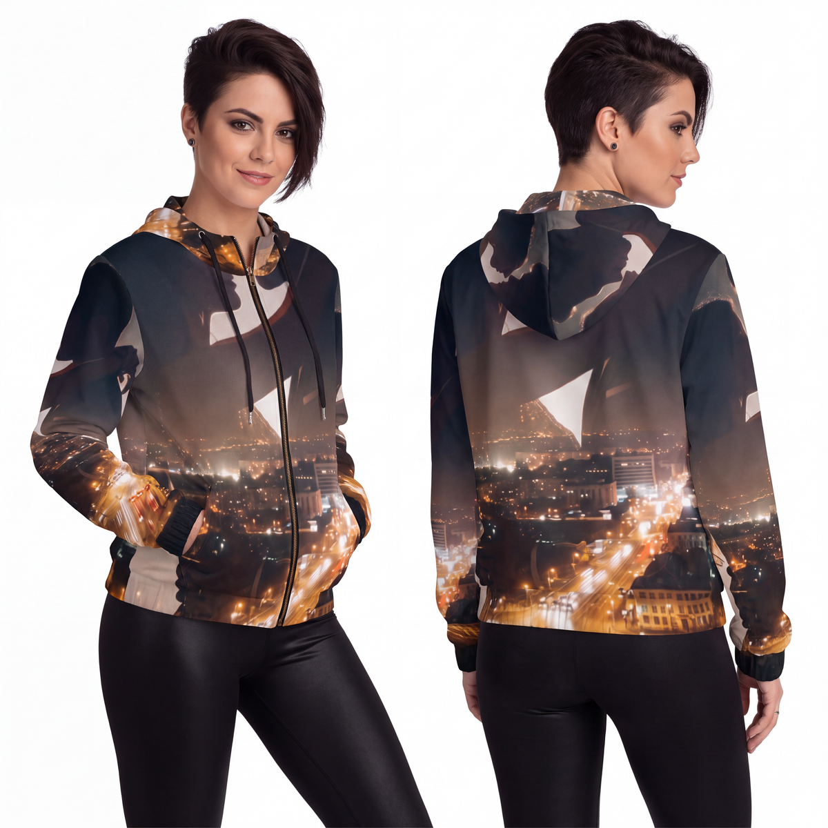 Women's Full-Zip Hoodie - Midnight City Skyline | Echovira...