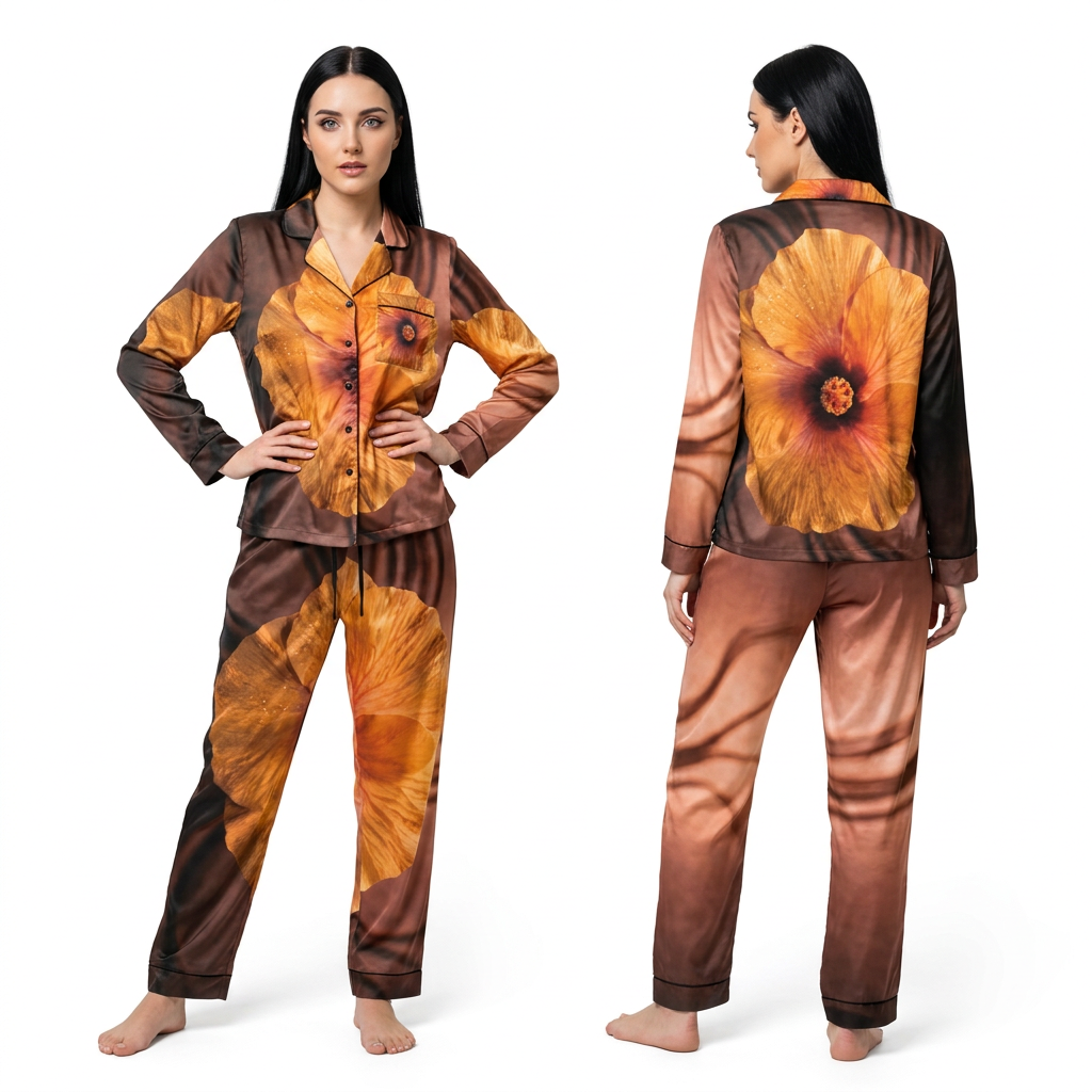 Women's Satin Pajamas with Amber Hibiscus Art