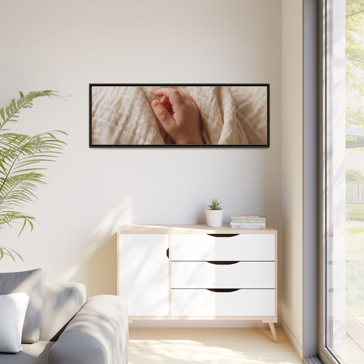 Matte Canvas, Framed - Tender Newborn Hand in Soft Muslin......