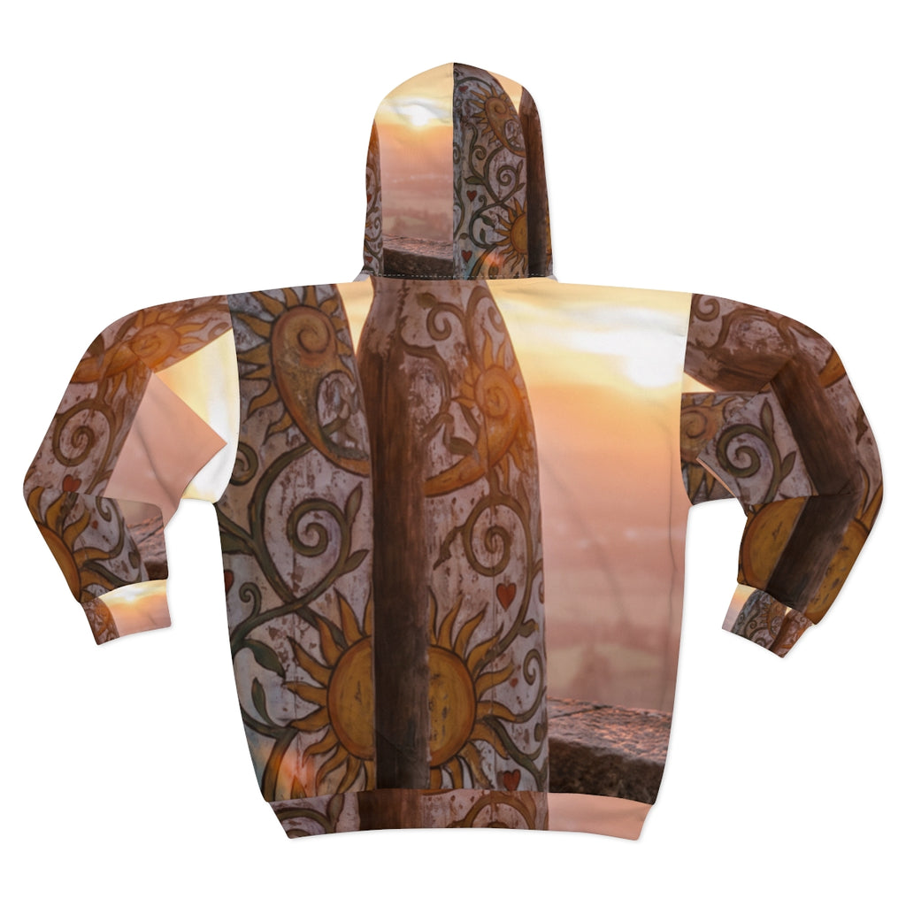 Unisex Zip Hoodie - Rustic Sun Totems at Golden Hour Wood......