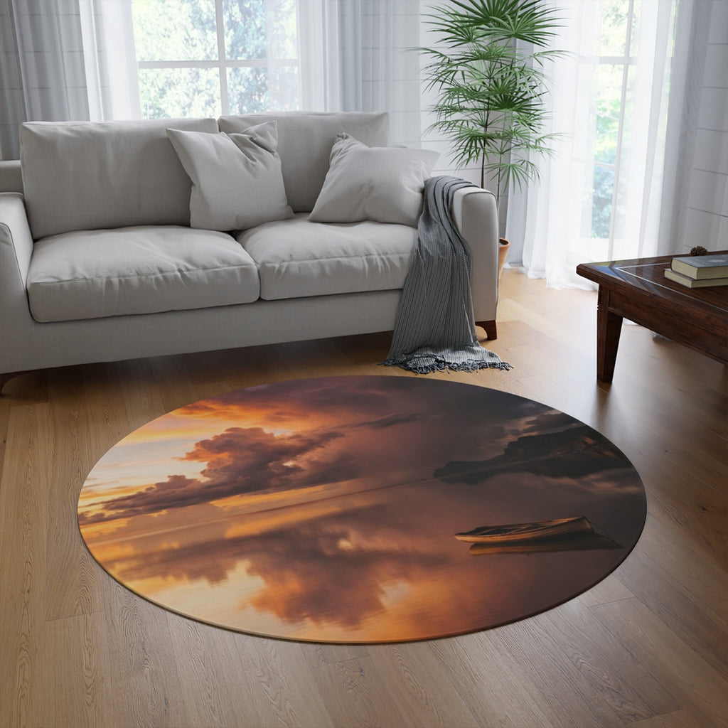 Round Rug - Solitary Boat Sunset | Echovira Gallery