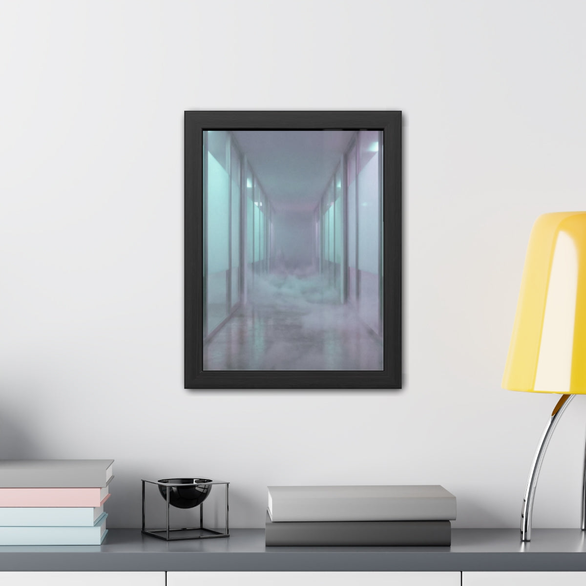 Framed Posters - Liminal Corridor Fog Art Print — Portrait...