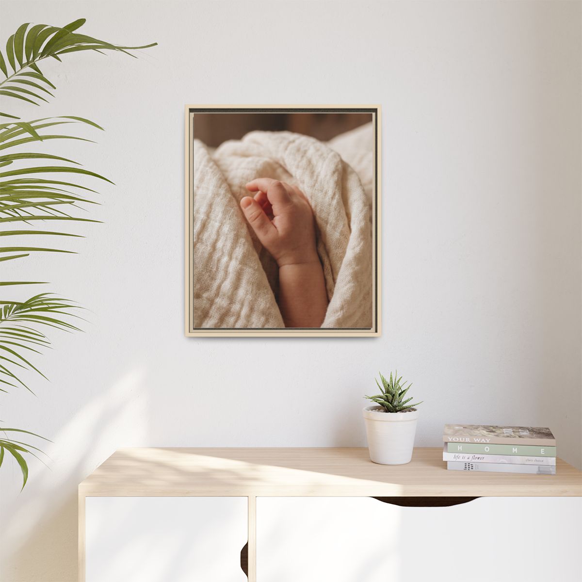 Matte Canvas, Framed - Tender Newborn Hand in Soft Muslin......