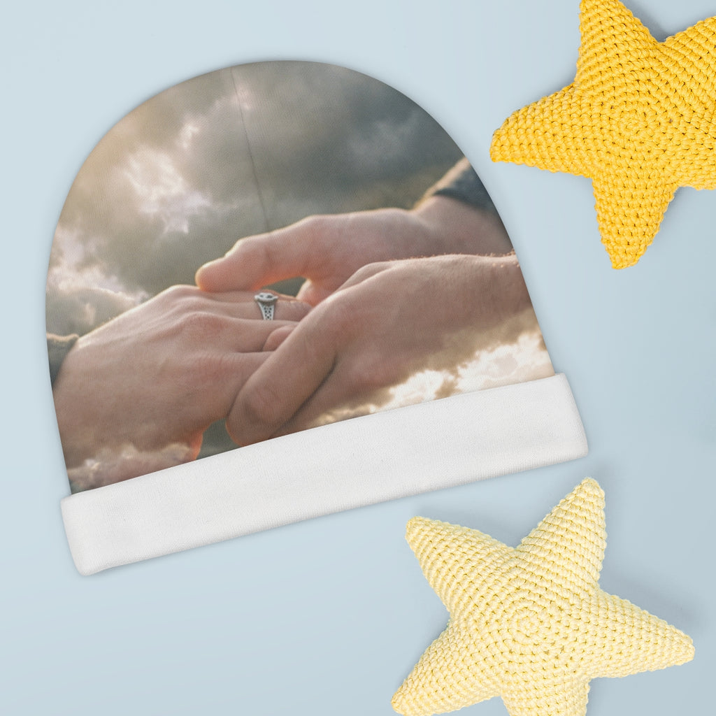 Baby Beanie with Moody Romantic Mountain Art