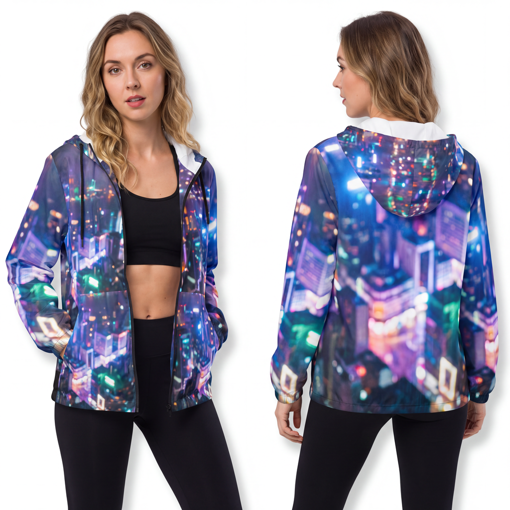 Unisex Windbreaker Jacket - Cyberpunk Neon City Silhouette |...