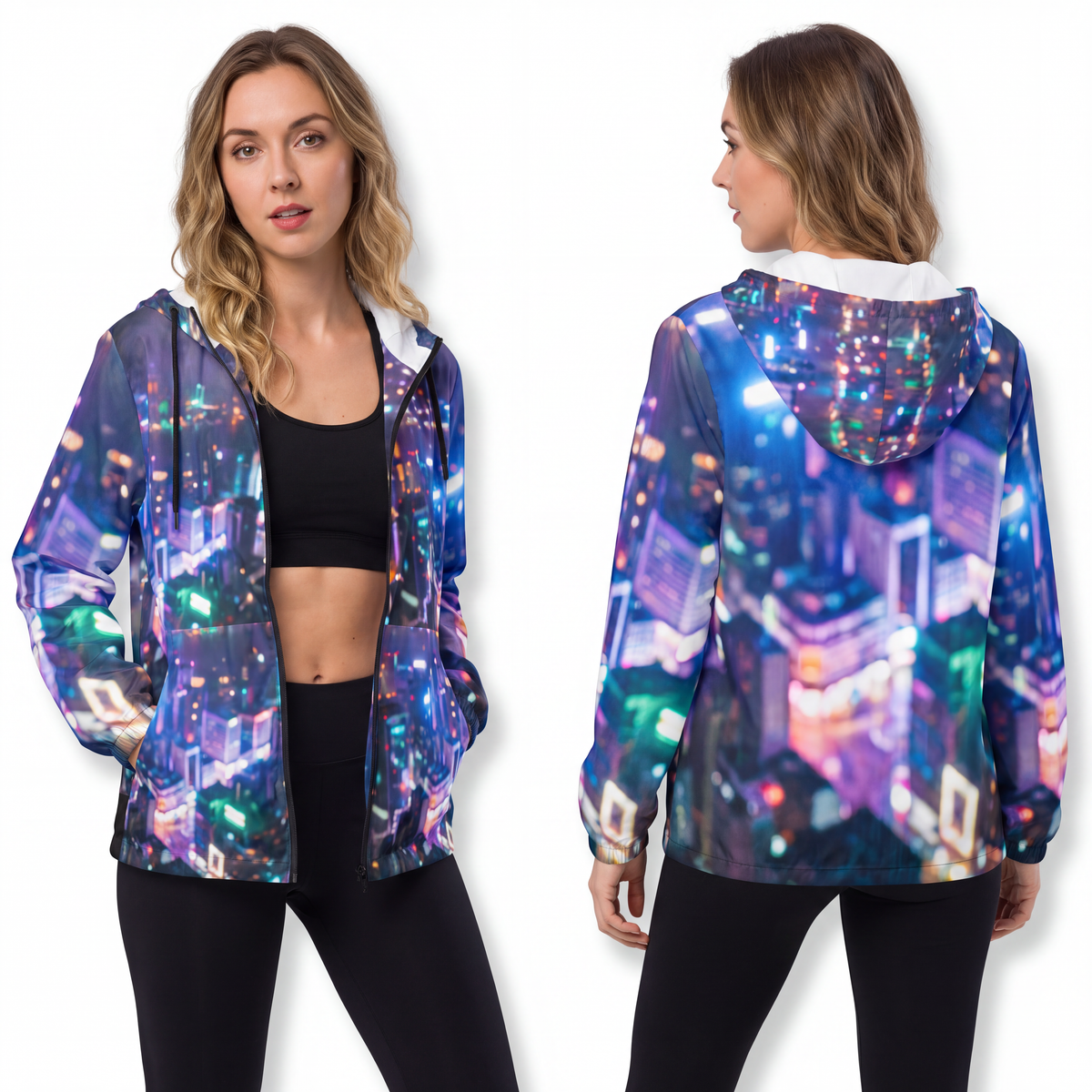 Unisex Windbreaker Jacket - Cyberpunk Neon City Silhouette |...