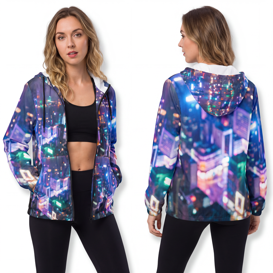 Unisex Windbreaker Jacket - Cyberpunk Neon City Silhouette