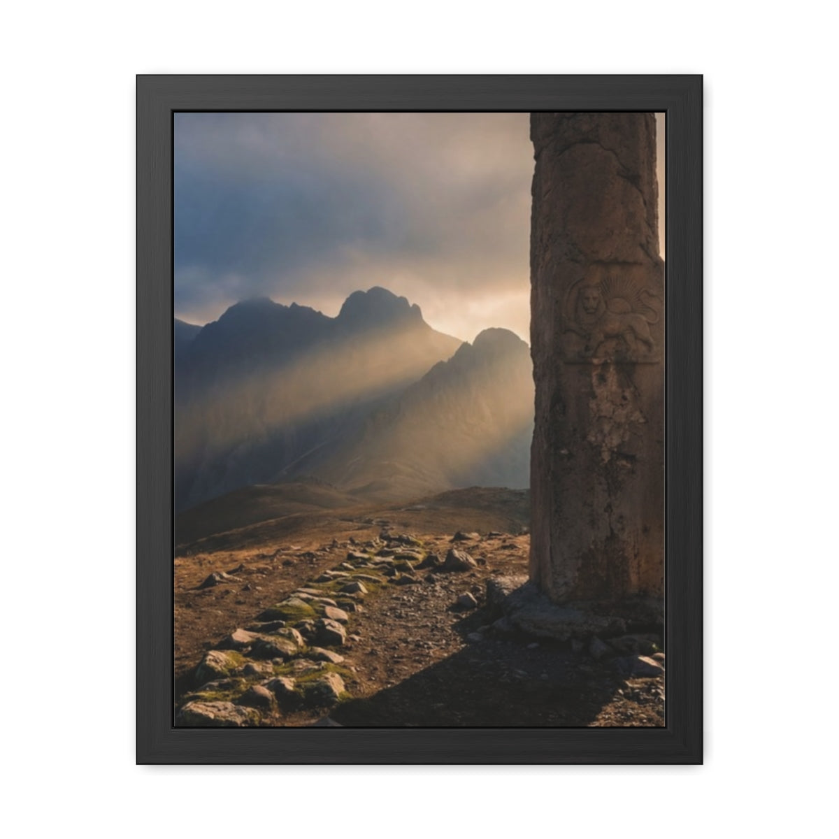 Framed Posters - Ancient Stone Column Mountain Sunset Art......