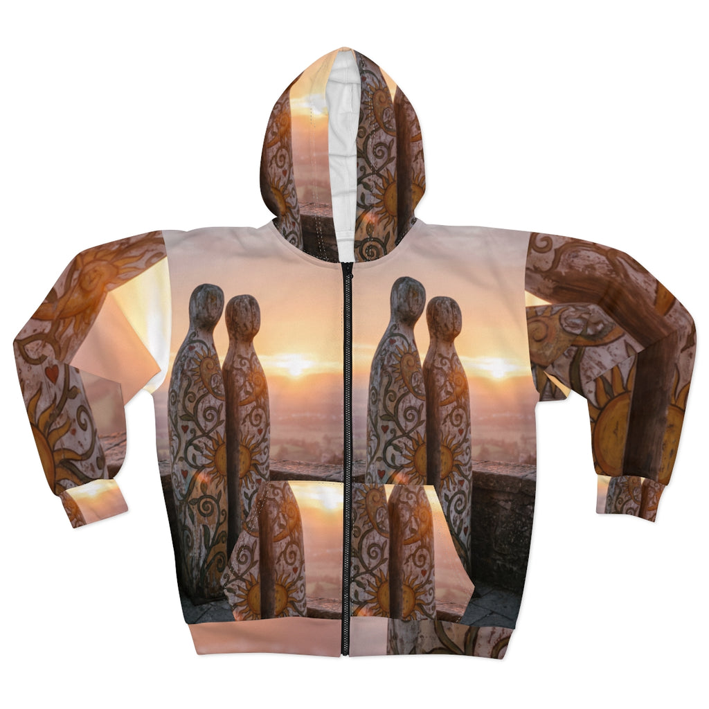 Unisex Zip Hoodie - Rustic Sun Totems at Golden Hour Wood......