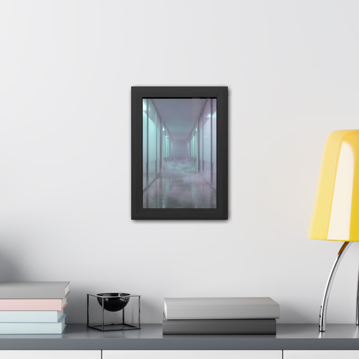 Framed Posters - Liminal Corridor Fog Art Print — Portrait...