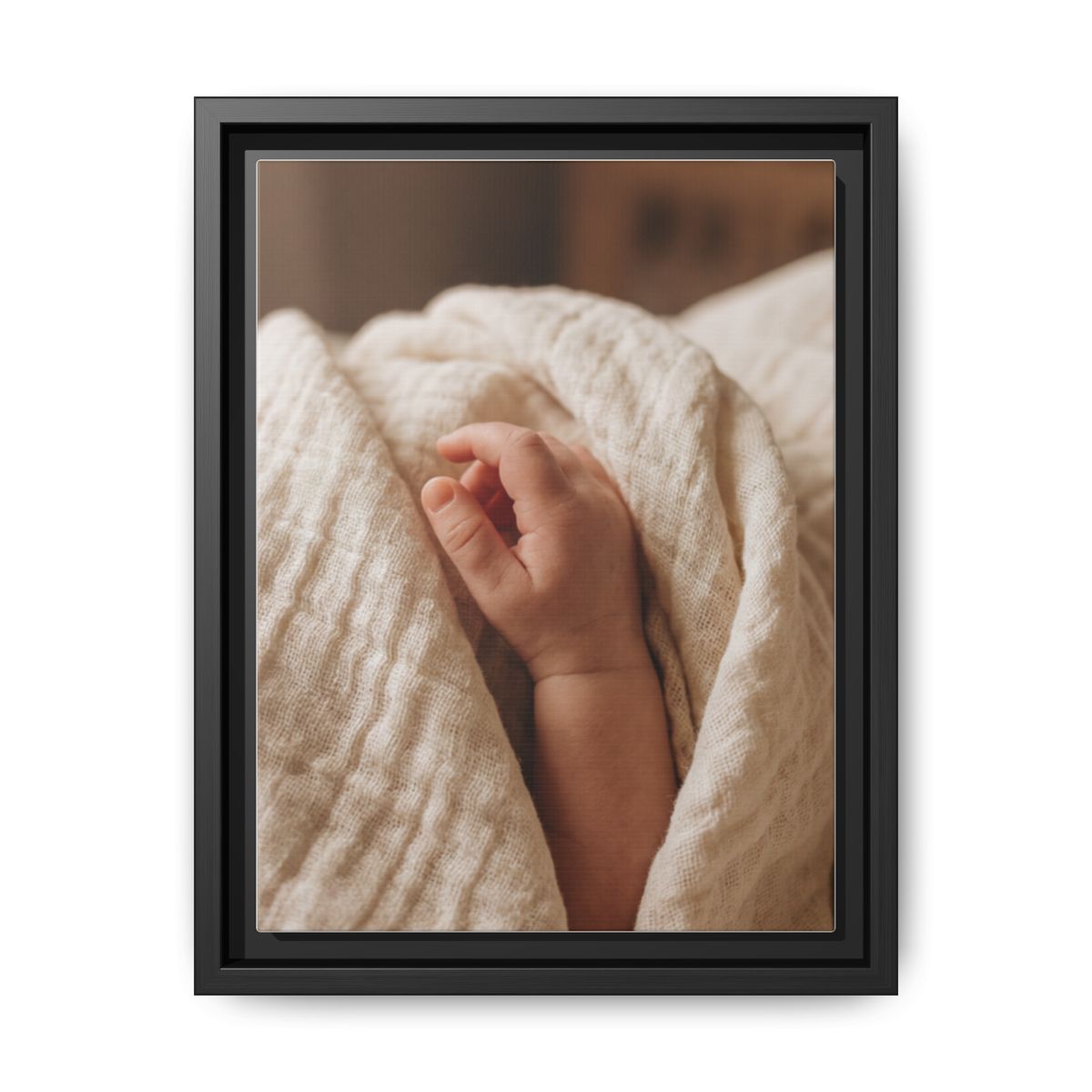 Framed Matte Canvas - Tender Newborn Hand (8×10, 9×12, 11×14, 12×16, 10×20, 12×18, 16×20, 16×24, 18×24, 12×36, 20×24, 16×32, 20×30, 24×30, 24×32, 16×48, 24×36, 24×48, 30×40, 20×60, 32×48, 30×60 & 40×60)