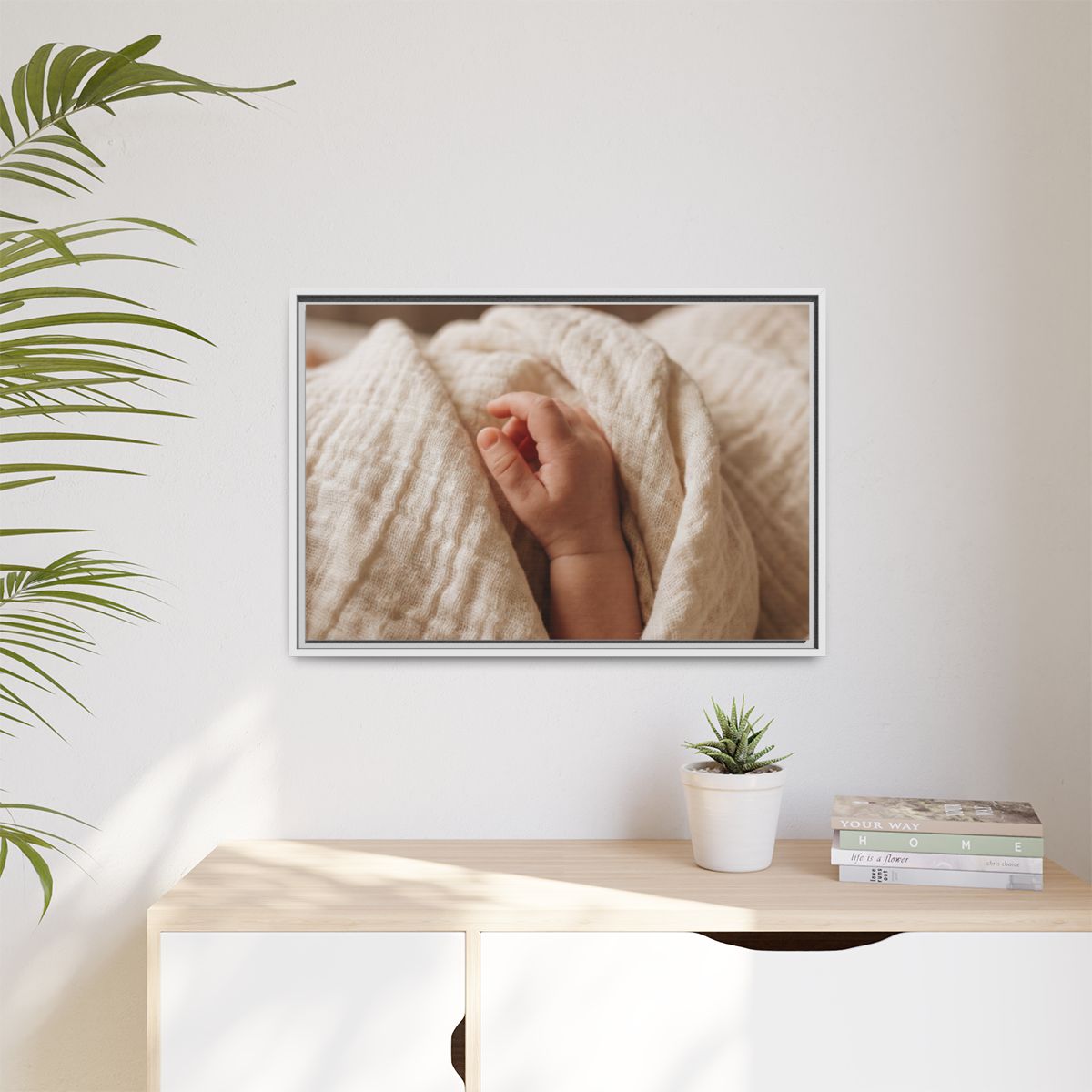 Matte Canvas, Framed - Tender Newborn Hand in Soft Muslin......