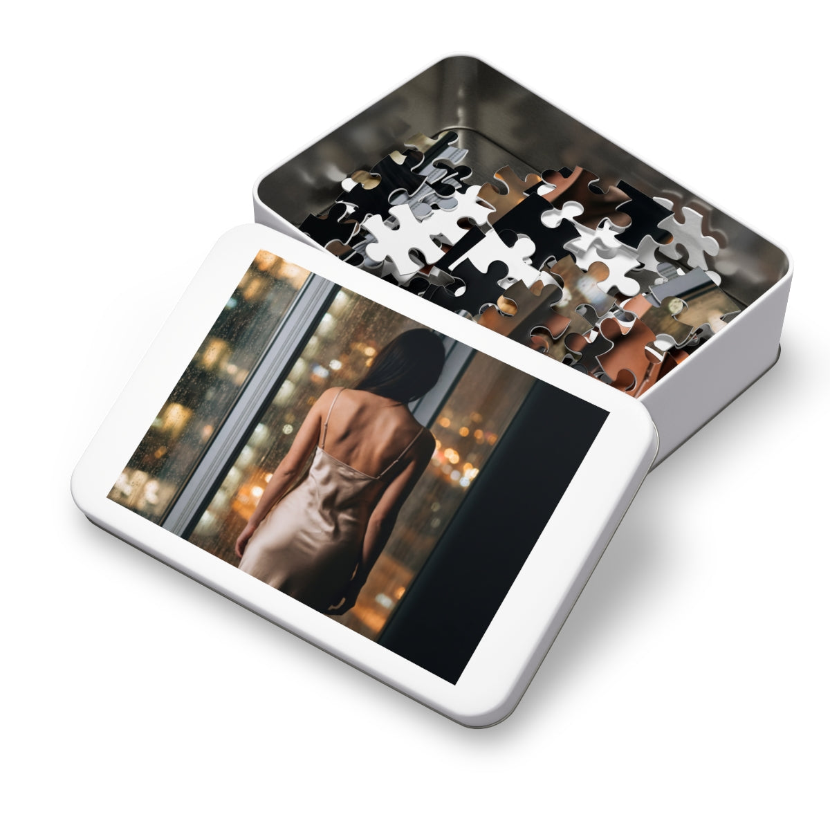 Jigsaw Puzzle with Tin - Cozy Rain Setup