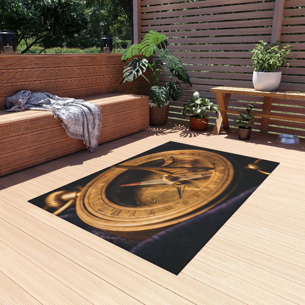 Vintage Brass Sundial Compass Outdoor Rug