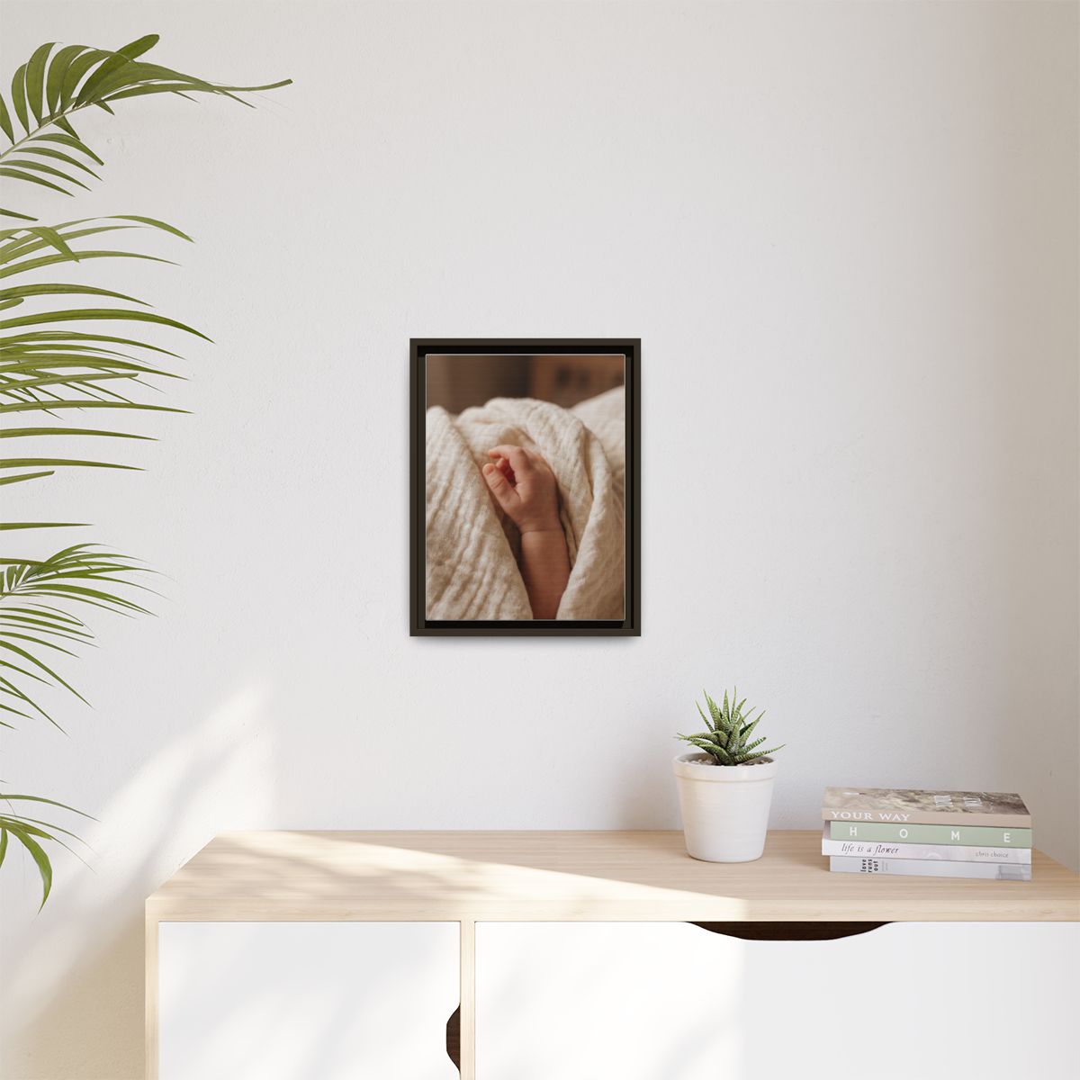Matte Canvas, Framed - Tender Newborn Hand in Soft Muslin......