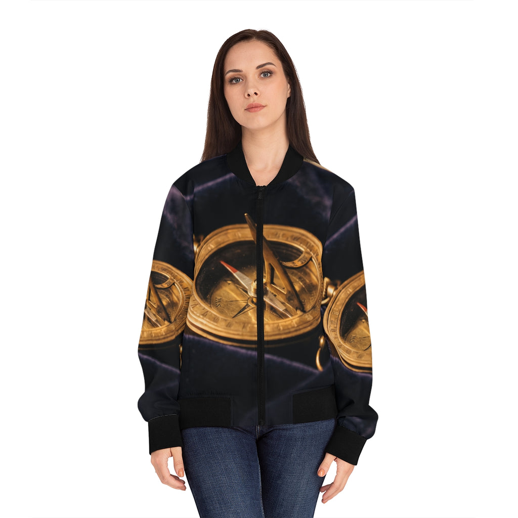 Women's Bomber Jacket Vintage Brass Sundial Art