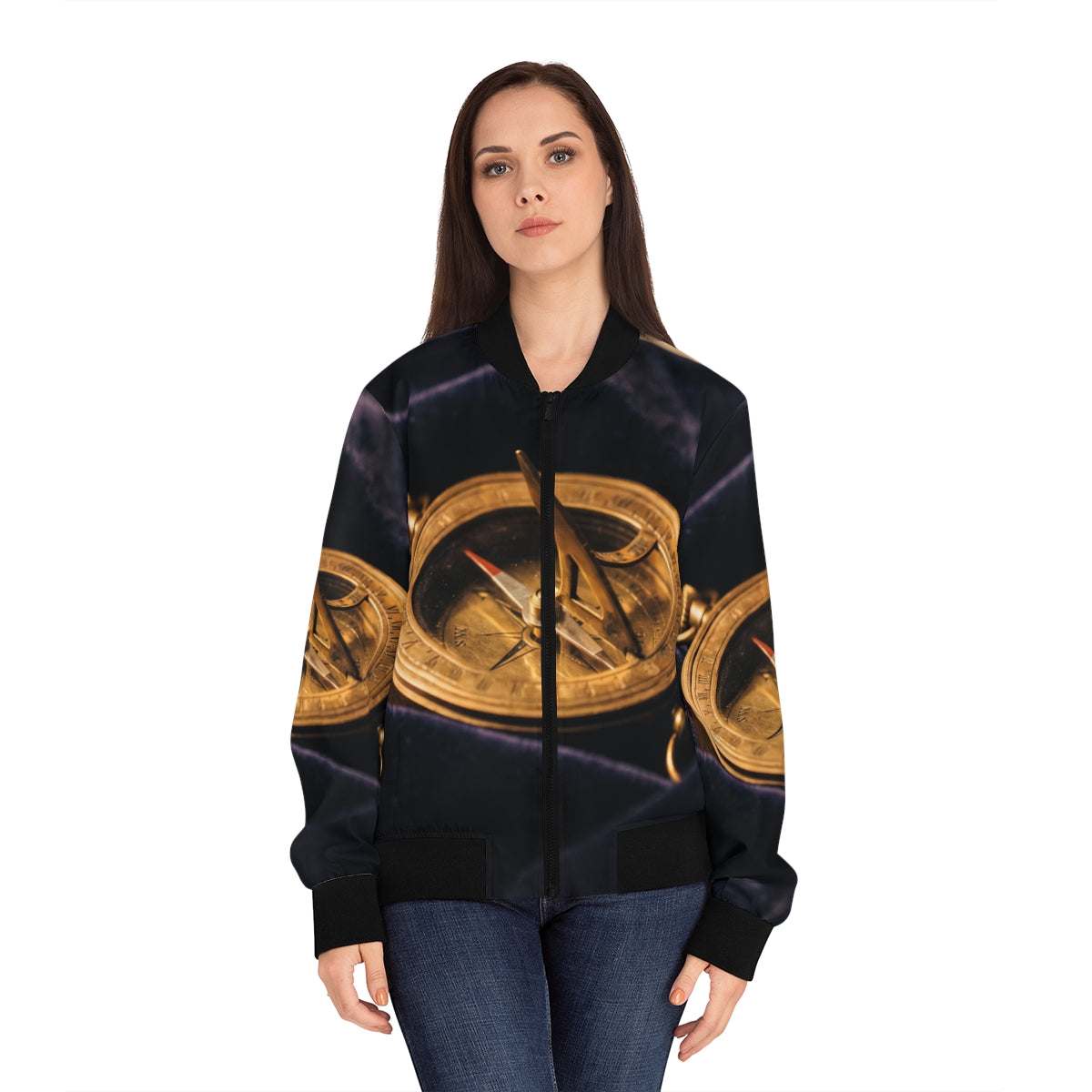 Women's Bomber Jacket Vintage Brass Sundial Art