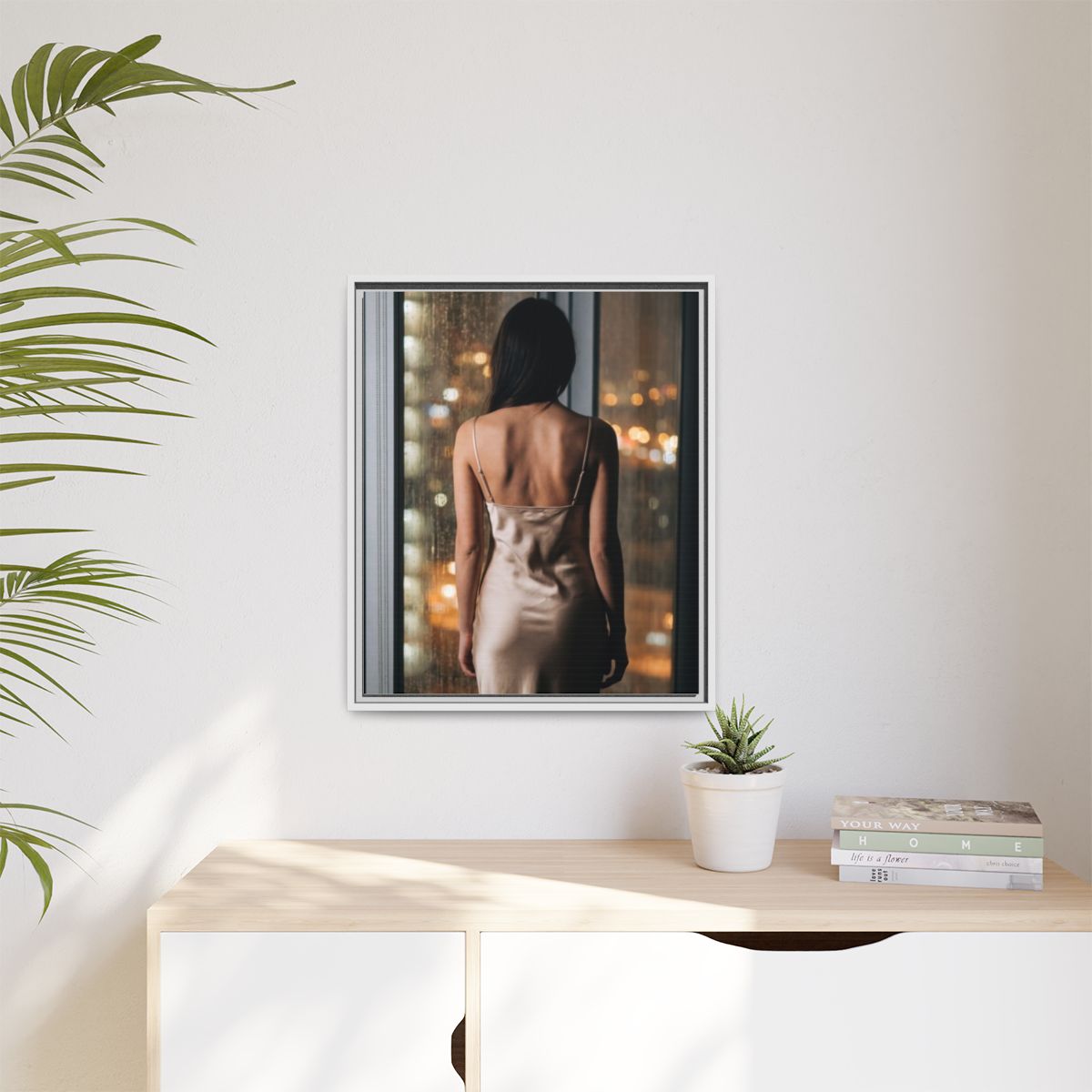 Matte Canvas, Framed - Rainy City lights Glow — White /... |...