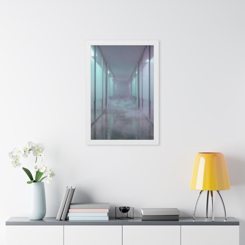 Framed Vertical Poster - Liminal Corridor Fog Art Print —......