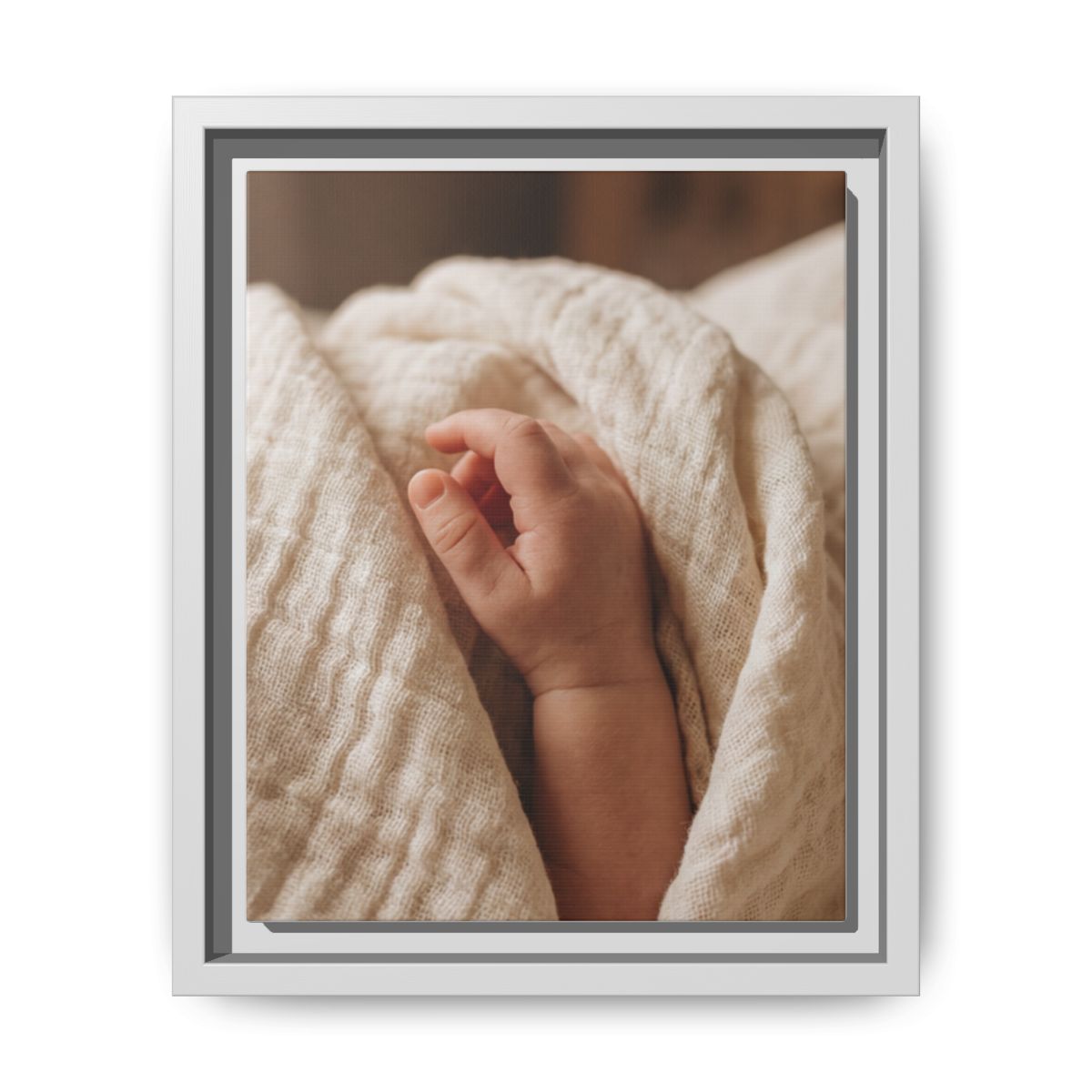 Framed Matte Canvas - Tender Newborn Hand (8×10, 9×12, 11×14, 12×16, 10×20, 12×18, 16×20, 16×24, 18×24, 12×36, 20×24, 16×32, 20×30, 24×30, 24×32, 16×48, 24×36, 24×48, 30×40, 20×60, 32×48, 30×60 & 40×60)