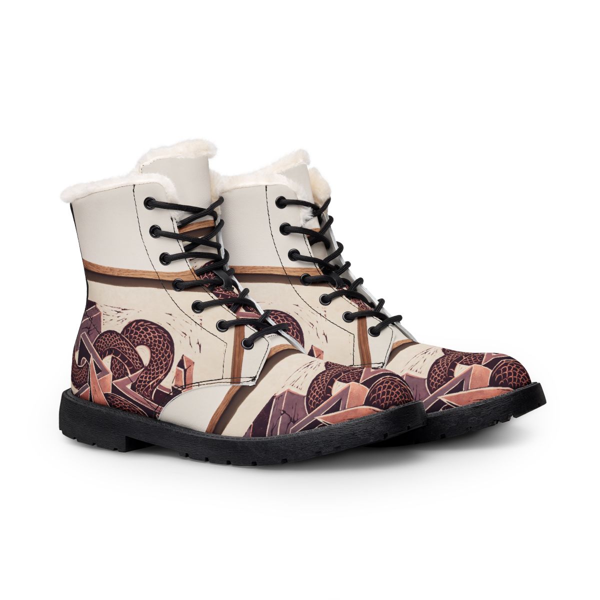 Men's Fur Leather Boots Serpent Linocut Art