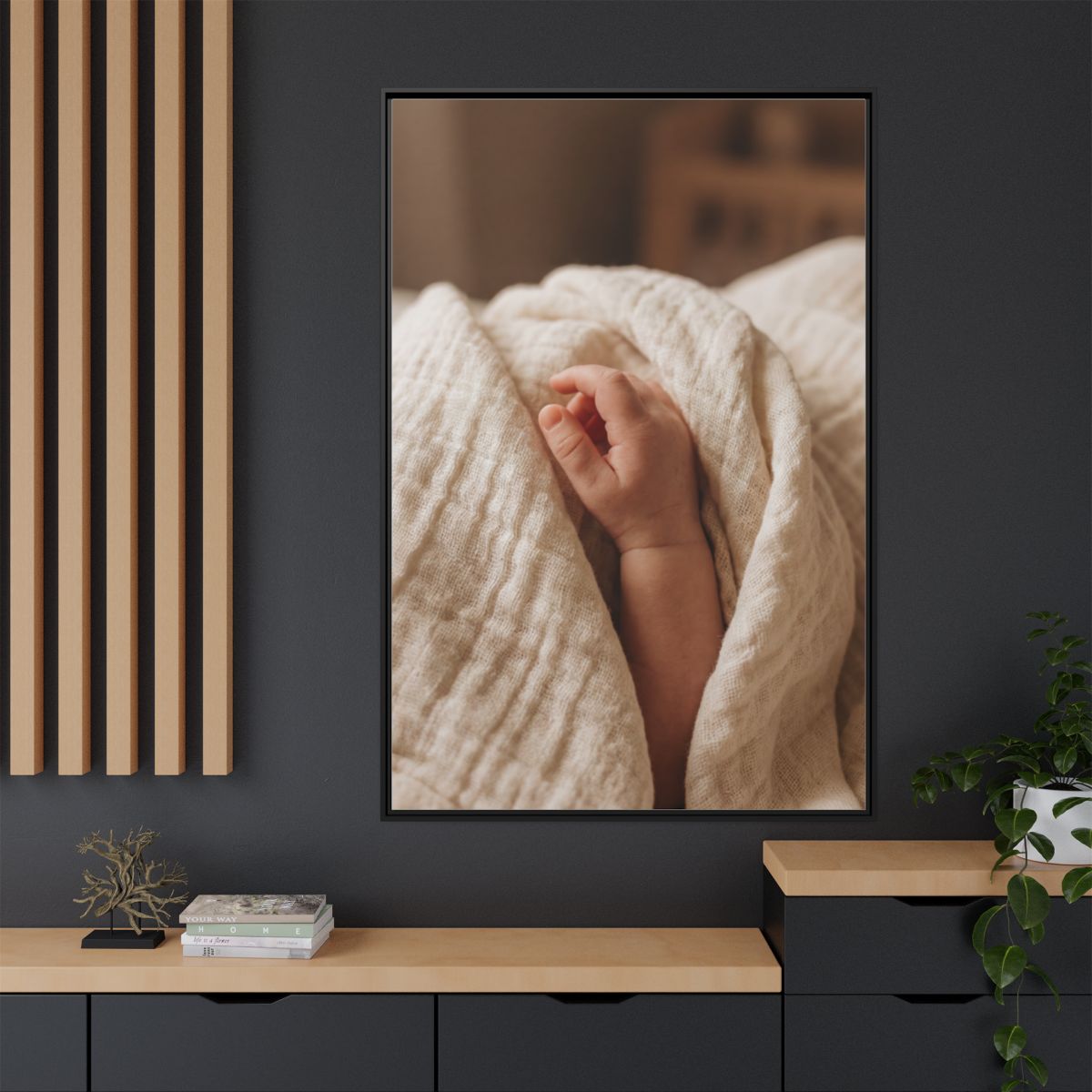Matte Canvas, Framed - Tender Newborn Hand in Soft Muslin......