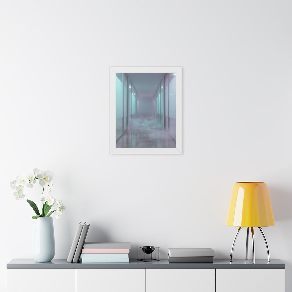 Framed Vertical Poster - Liminal Corridor Fog Art Print —......